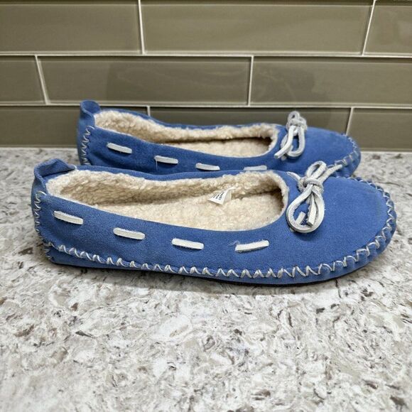 LL Bean Hearthside Sherpa Lined Blue Suede Moccasin Slippers - Picture 4 of 9